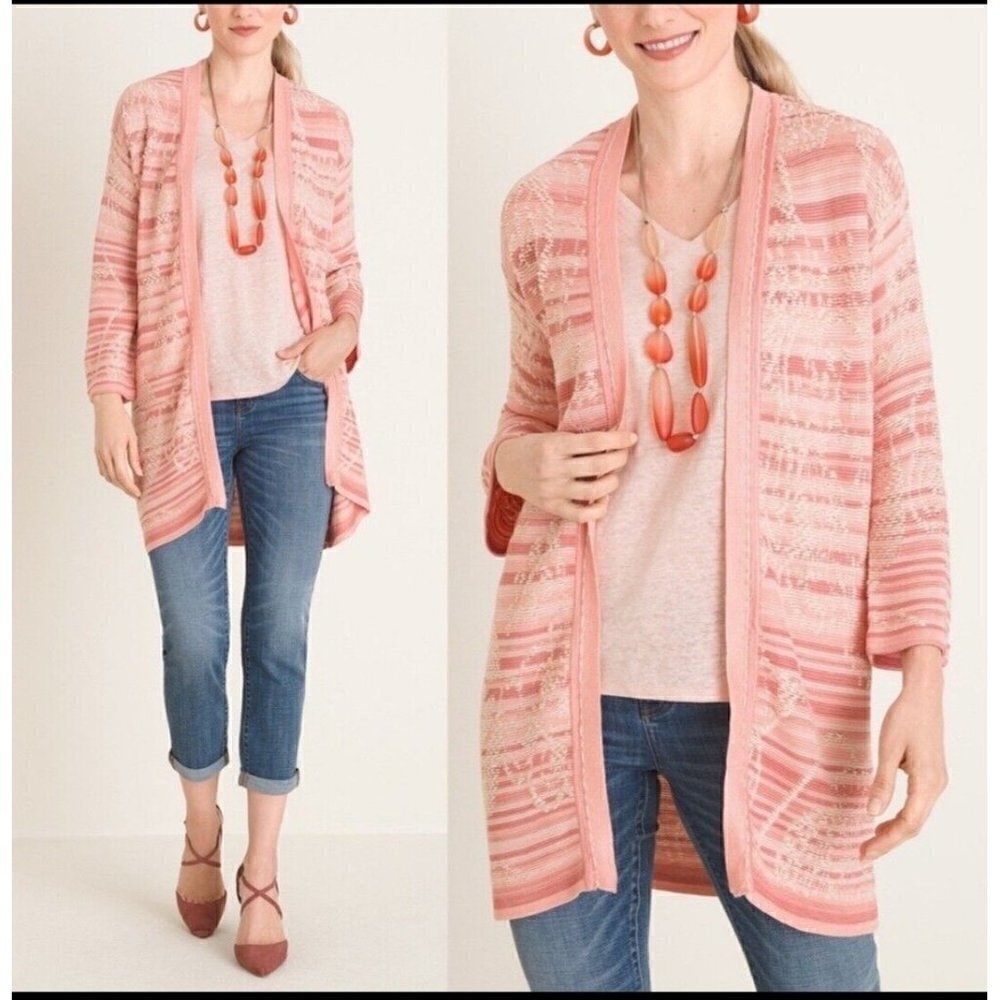 Chico's Women's Jacquard Open-front Pink 3/4 Sleeve Cardigan Sweater Size 3 (XL)